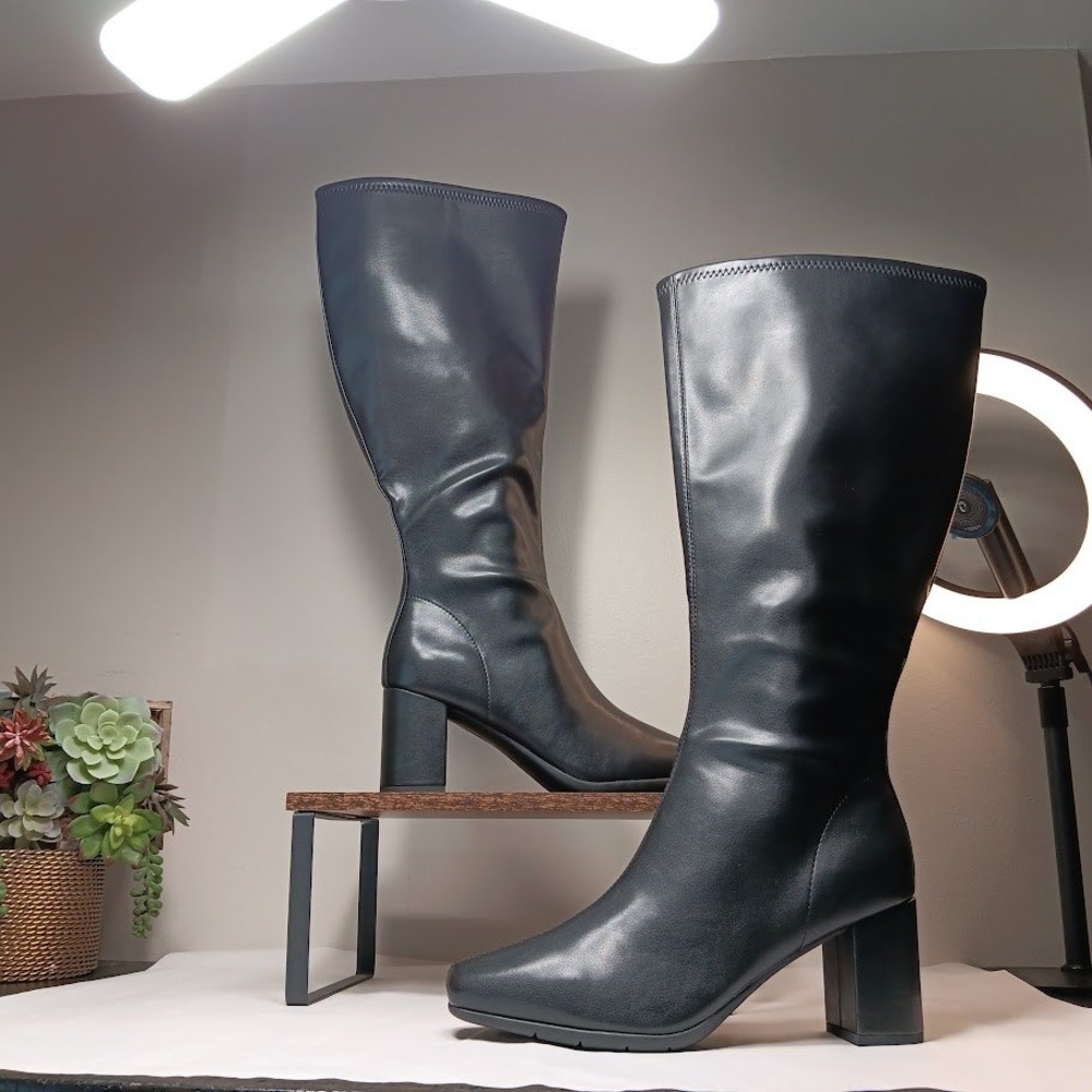 Aerosoles Micah Tall Boots Women 9W Black New Square Toe Block Heel Knee High